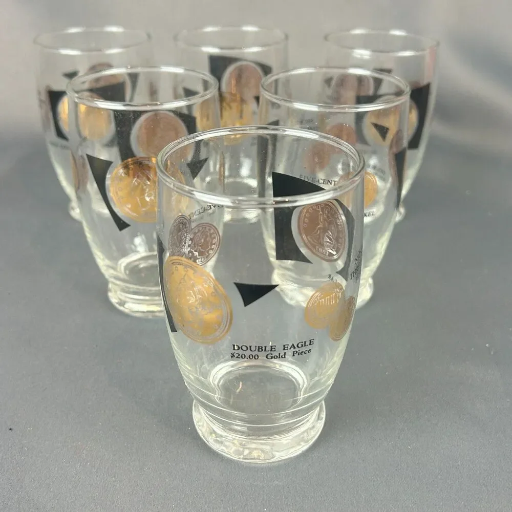 CERA Glasses Gold Black COINS by Bob Wallack MCM Tumbler Set of 6 NOS 1963